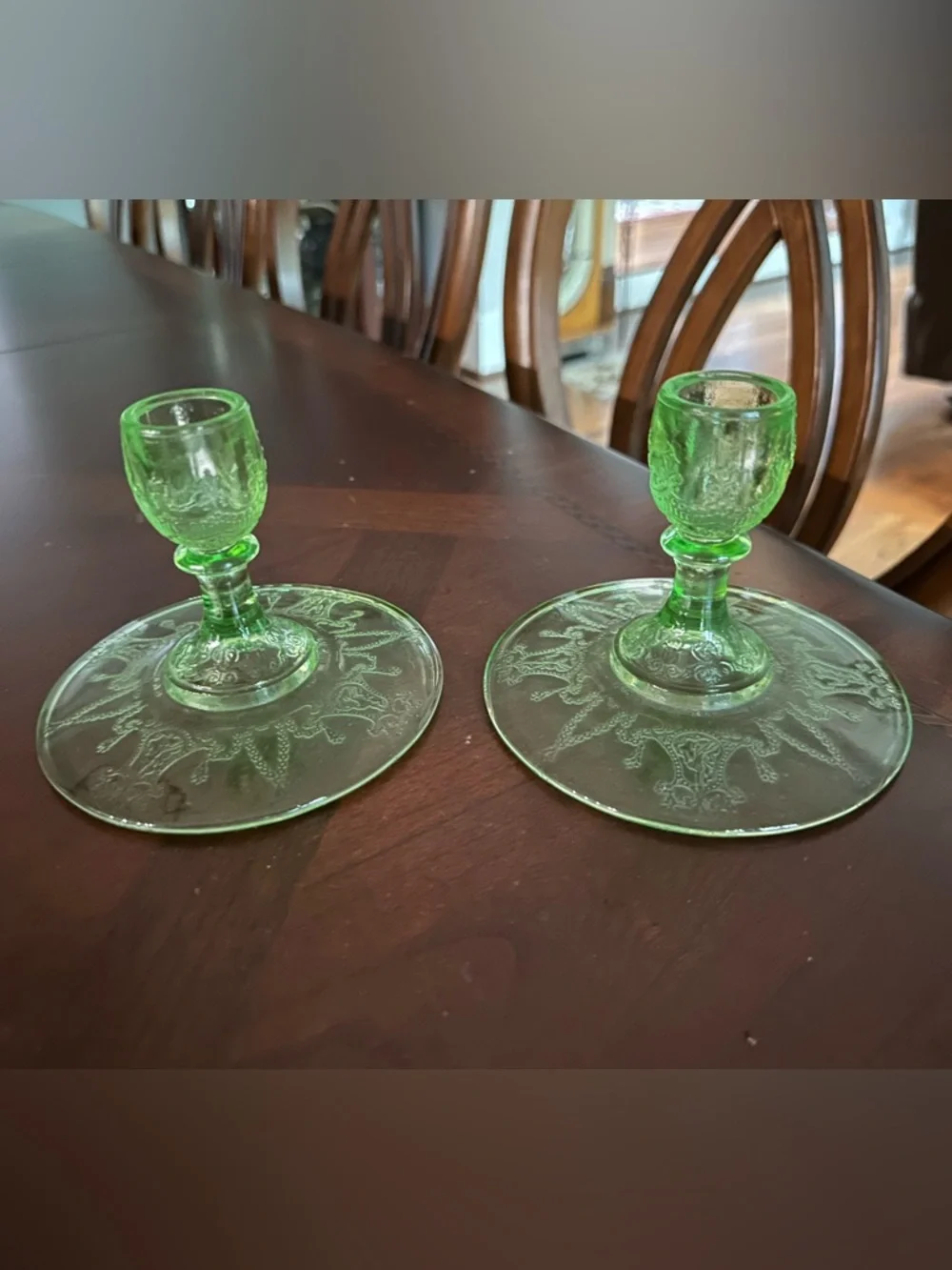HOCKING GLASS CO. CAMEO or BALLERINA GREEN RARE PAIR 3